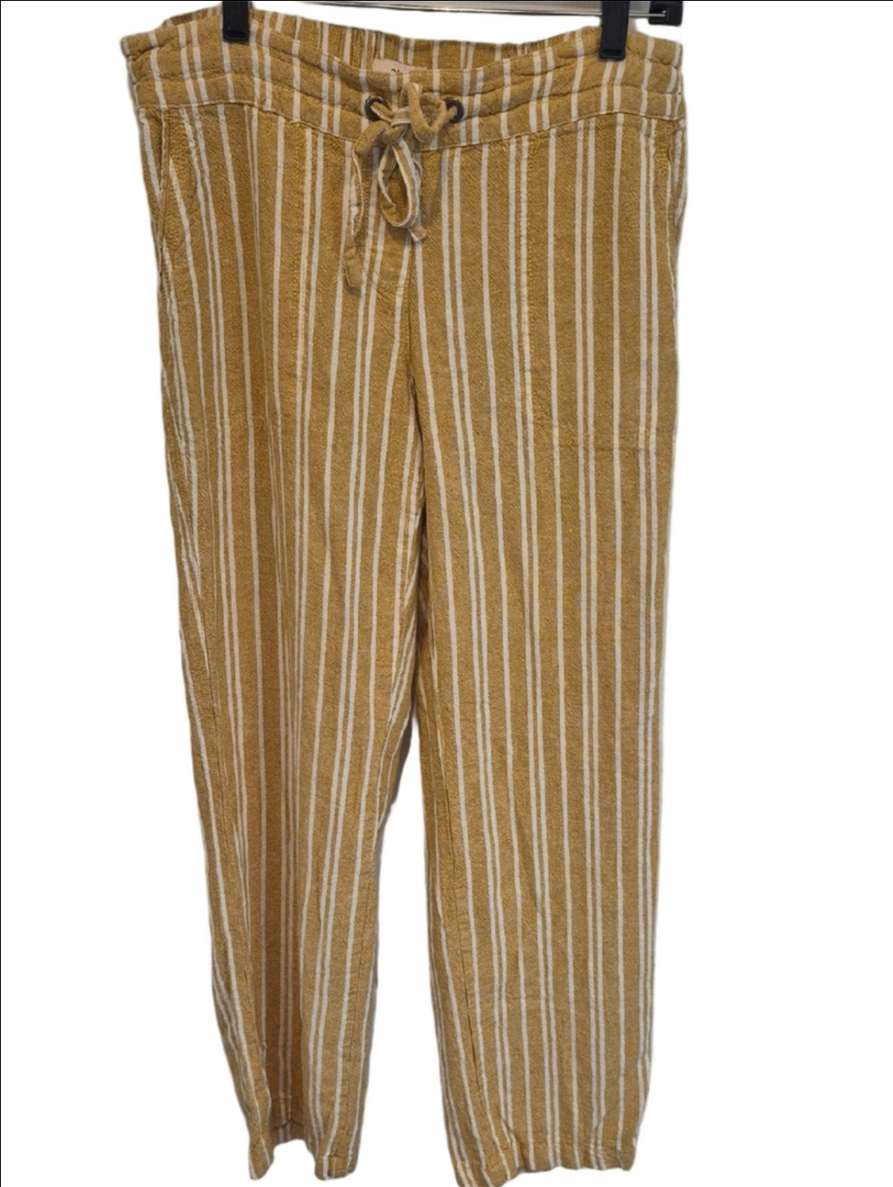 Per Se Mustard and White Striped Drawstring Linen Blend Pants